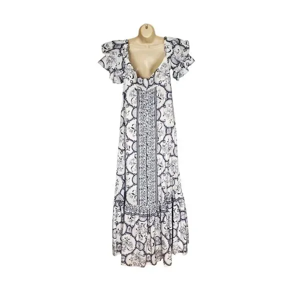 Andres Otalora Raquira Off The Shoulder Printed Cotton Maxi Dress Blue Size 6